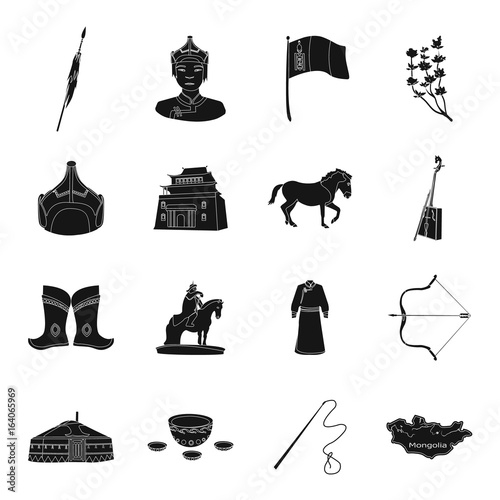 Genghis Khan, a monastery, Yurt and other sights of Mongolia. Mongolia set collection icons in black style vector symbol stock illustration web. photo