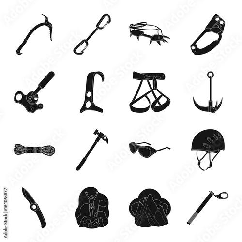 Ice ax, conquered top, mountains in the clouds and other equipment for mountaineering.Mountaineering set collection icons in black style vector symbol stock illustration web.