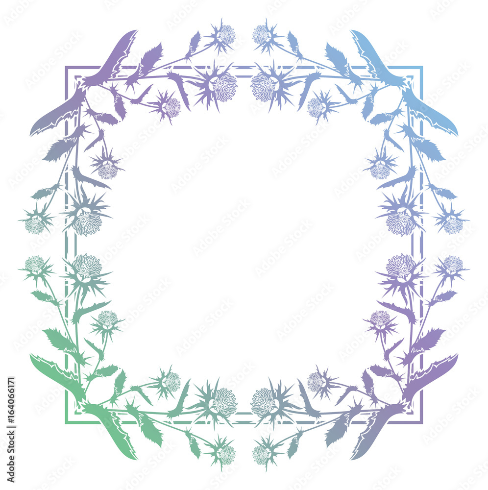 Decorative gradient frame with thistle silhouette. Raster clip art.