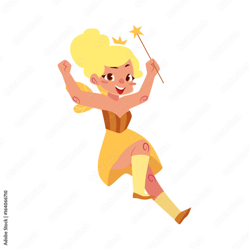 Vector fairy girl illustration on white background. Cute cartoon smiling child with butterfly wings wearing queen crown isolated. Magic, flying kid holding magic star wand. Element for your design Vector fairy girl illustration on white background. Cute cartoon smiling child with butterfly wings wearing queen crown isolated. Magic, flying kid holding magic star wand. Element for your design