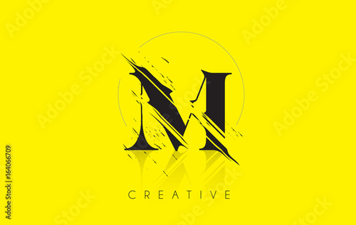 M Letter Logo with Vintage Grundge Drawing Design. Destroyed Cutted Letter Icon Vector.