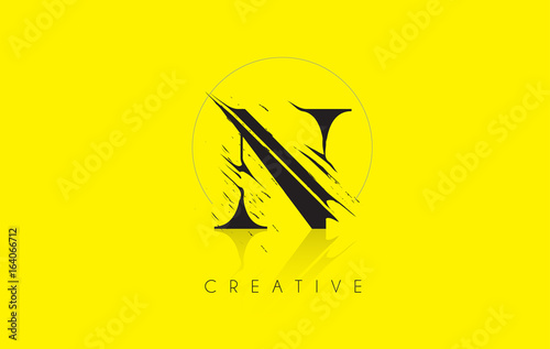 N Letter Logo with Vintage Grundge Drawing Design. Destroyed Cutted Letter Icon Vector.