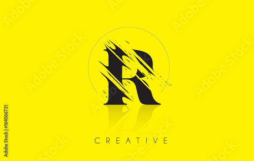 R Letter Logo with Vintage Grundge Drawing Design. Destroyed Cutted Letter Icon Vector.