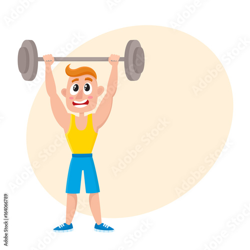 Young man doing shoulder press with barbell, training, weightlifting in gym, cartoon vector illustration with space for text. Cartoon man, guy training with barbell, bodybuilding in gym