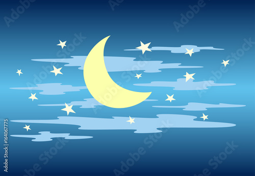 Nightly sky. Moon, clouds and star. Vector
