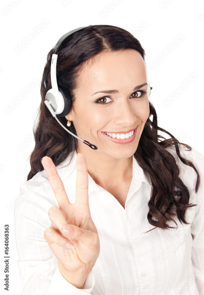 Support operator showing two fingers, on white Support operator showing two fingers, on white