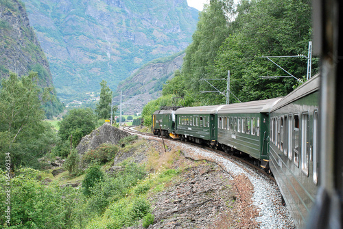 Train at famous Flam railway in Norway
