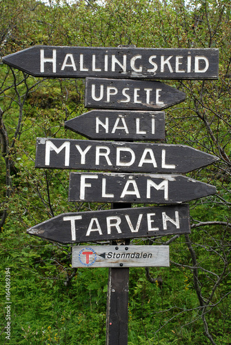 Hiking sign at Myrdal station,  Aurland, Norway photo