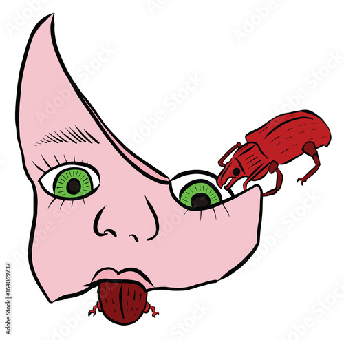 Broken Doll Face Being Eaten By Insects Vector Line Art 