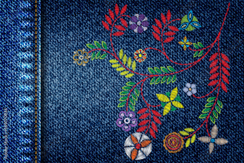 Girl denim texture with embroidery colorful trend floral bouquet. Contemporary traditional folk with color flowers arrangements on blue background for dress design. Stitch patch jeans dress.  Vector.