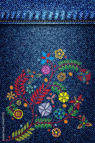 Lace flower embroidery on jeans or blue denim background design. Embroidery ethnic floral jean line or short floral blooming for fashion wearing. Vector.