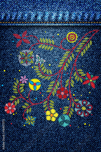 Lace flower embroidery on jeans or blue denim background design. Embroidery ethnic floral jean line or short floral blooming for fashion wearing. Vector.