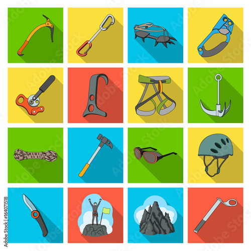 Ice ax, conquered top, mountains in the clouds and other equipment for mountaineering.Mountaineering set collection icons in flat style vector symbol stock illustration web.