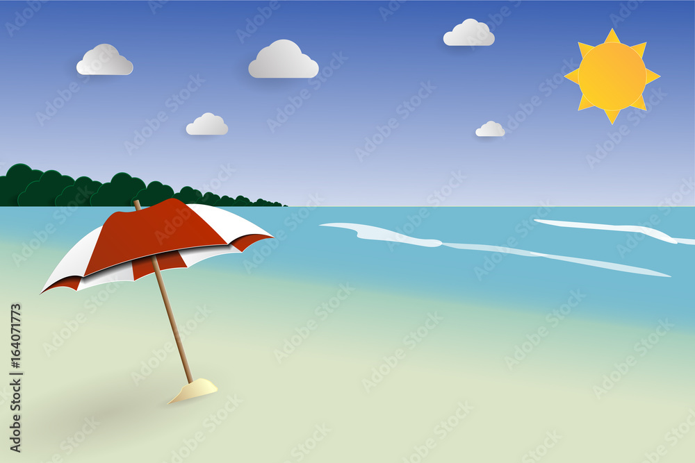 Beach papercut landscape vector, seascape for summer, summer vacation