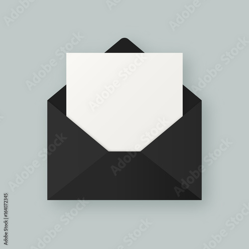 Stylish black paper vector envelope with clean white letter paper sheet with copyspace for your design. Envelope email concept.