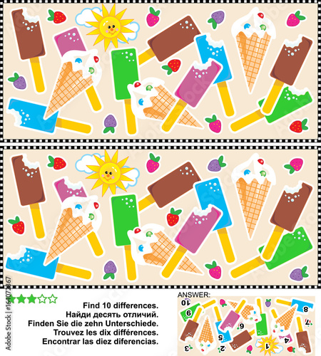Picture puzzle: Find the ten differences between the two pictures of yummy ice cream bars and cones. Answer included.
