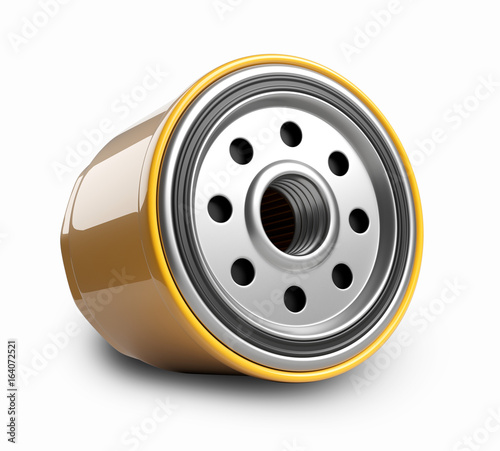 Oil filter car in a orange steel case. Automobile spare part.