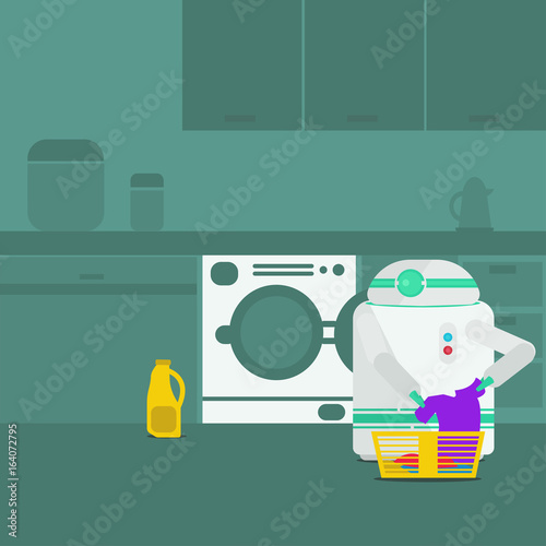 Domestic Robot washing clothes. Personal robot housekeeping futuristic concept illustration vector.