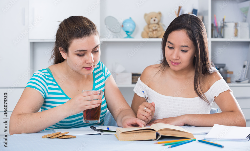 Obraz premium Two classmates doing homework together