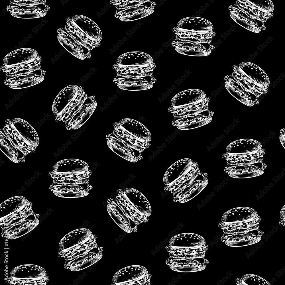 Seamless Pattern, Hand drawing on chalkboard, graphic sketch with Hamburger, Fast Food Meal Snack. Applicable for Wrapping Paper, Posters, Leaflets, Banner, Food Truck Designs. White on black, Vector 