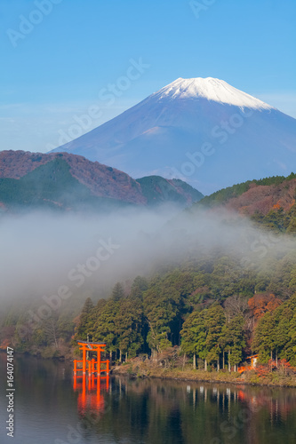 Mt.Fuji and Ashi lake with mist in autumn morning photo