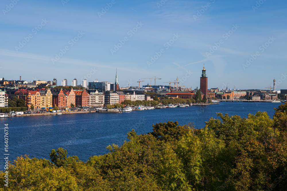 Stockholm embankment with boats, aerial view