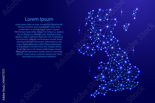 United Kingdom map of polygonal mosaic lines network, rays and space stars of vector illustration.