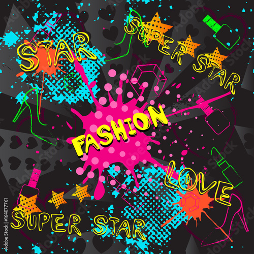 Abstract seamless pattern for girls, boys, clothes. Creative vector background with dots, pomade, shoes, star.Funny wallpaper for textile and fabric. Fashion style. Colorful bright.Green, blue, yellow