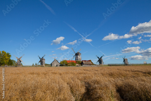 Traditional wooden windmills of Saaremaa island  Estonia. Sunny autumn day.