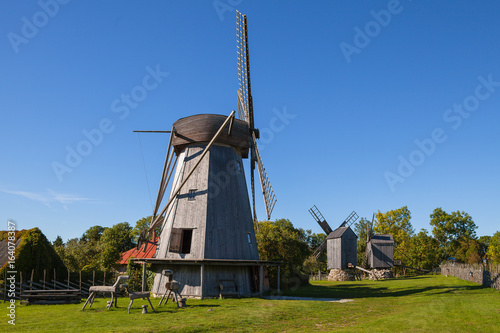 Traditional wooden windmills of Saaremaa island, Estonia. Sunny autumn day.