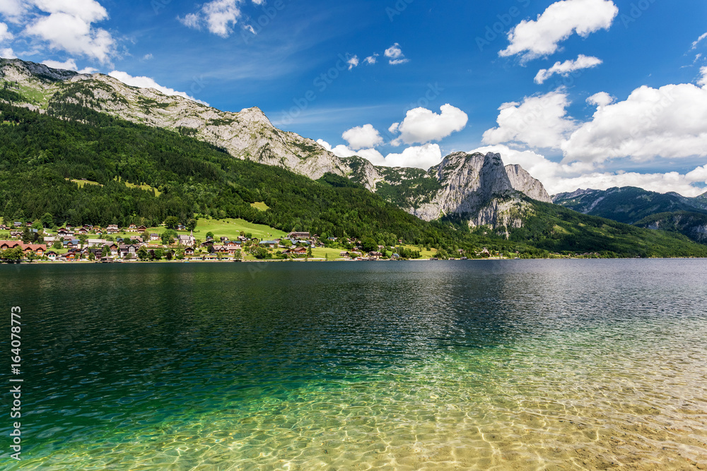 Grundlsee, idyllic landscape with lake and mountains in summer.Romantic vacation in Austria