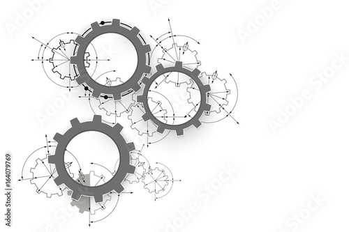 Gears in engagement. Engineering drawing abstract industrial background with a cogwheels.