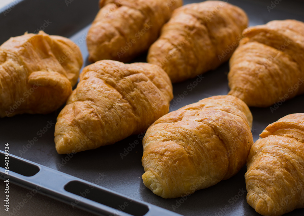 Croissants are in tray after leaving the oven for Served customers in breakfast. Croissants are in tray after leaving the oven for Served customers in breakfast.