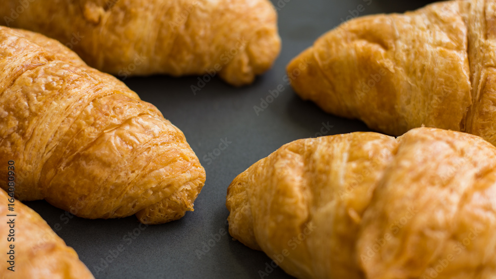 Croissants are in tray after leaving the oven for Served customers in breakfast. Croissants are in tray after leaving the oven for Served customers in breakfast.