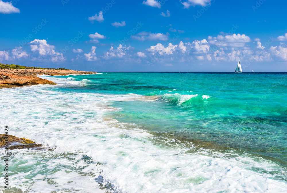 Spain Mediterranean Sea beautiful seascape with sailboat