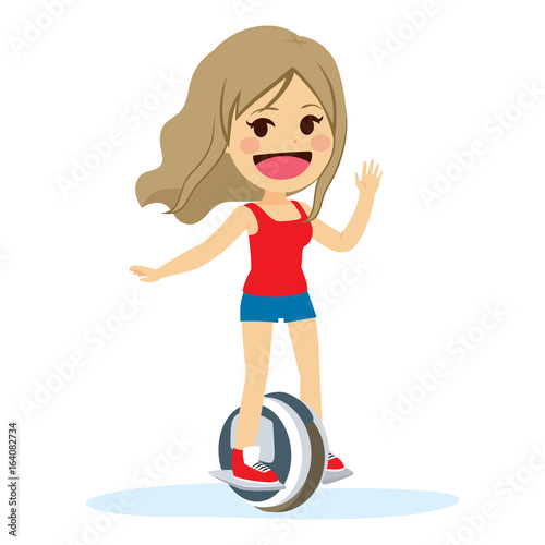Young teenager girl riding one wheel electric scooter waving hand