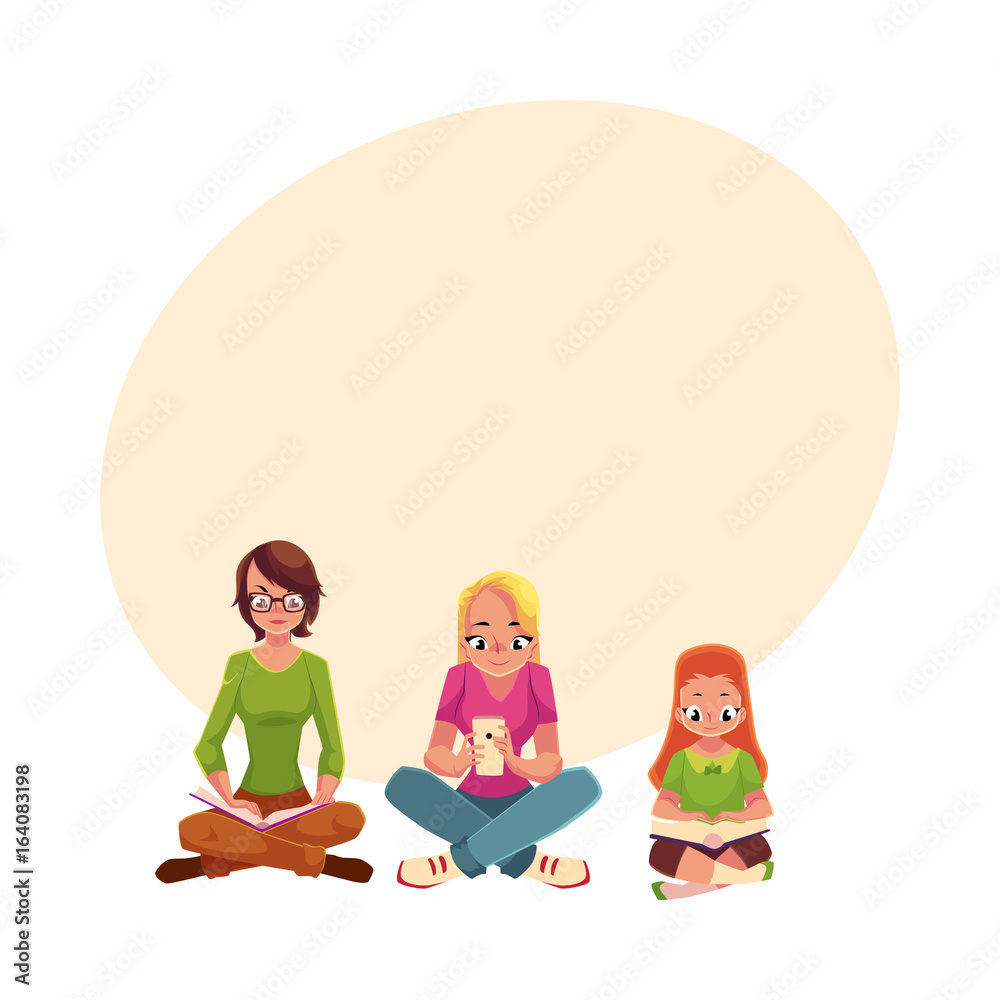 Set of girls reading books and using mobile phone, cartoon vector illustration with space for text. Little, adult girls reading books and using smartphone, mobile phone sitting legs crossed