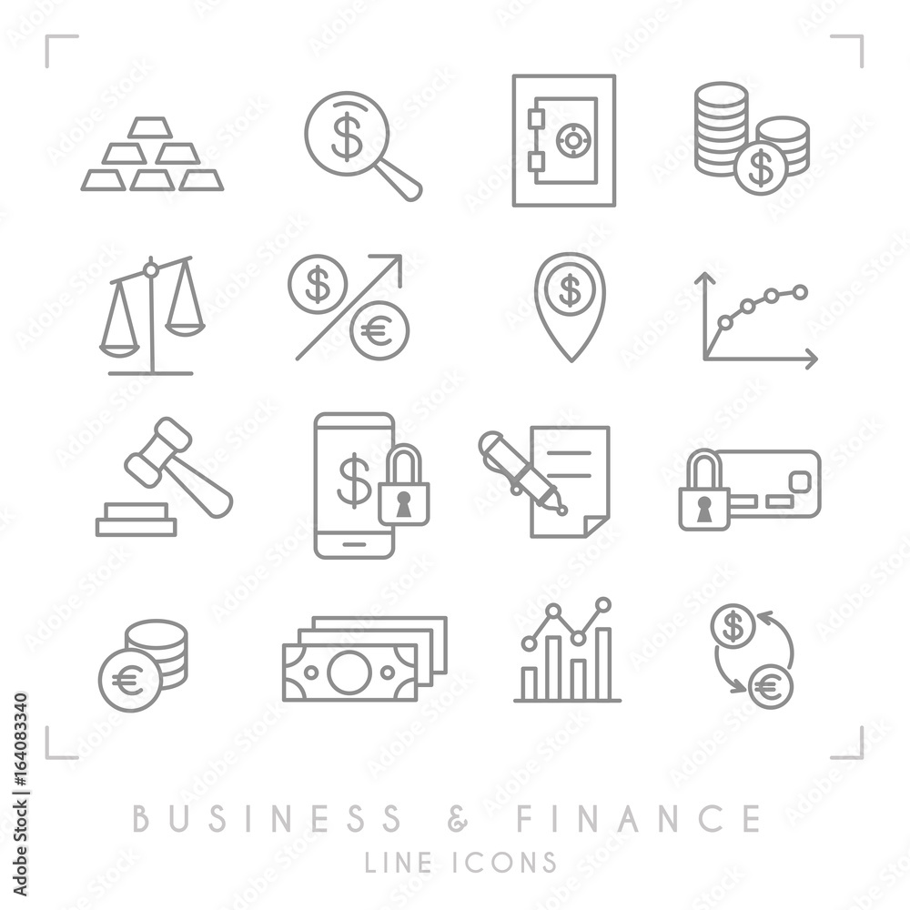Set of line thin business and financial icons. Gold, graph, safe storage, coins, libra, dollars, gavel, smartphone lock, money card lock, euro dollar exchange, money point. Set of line thin business and financial icons. Gold, graph, safe storage, coins, libra, dollars, gavel, smartphone lock, money card lock, euro dollar exchange, money point.