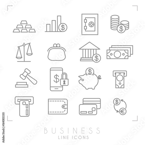 Set of line thin business and financial icons. Gold, graph, safe storage, coins, libra, purse, bank, dollars, gavel, smartphone lock, piggy bank, card slot, wallet, card, euro dollar exchange.