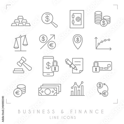 Set of line thin business and financial icons. Gold, graph, safe storage, coins, libra, dollars, gavel, smartphone lock, money card lock, euro dollar exchange, money point.