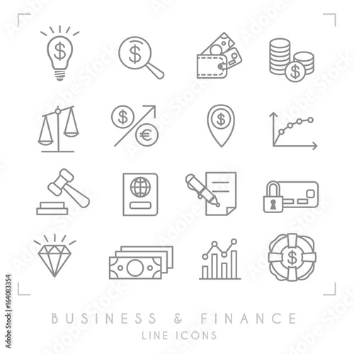 Set of line thin business and financial icons. Business idea bulb, magnifier, wallet, coins, libra, arrow, point, graph, gaver, pass, contract, card lock, diamond, dollars, lifebuoy.