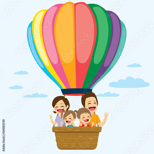 Happy family riding on colorful hot air balloon together