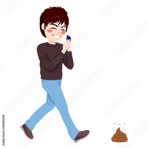 Careless teenager boy about to step on dog shit poop while using smartphone addiction concept