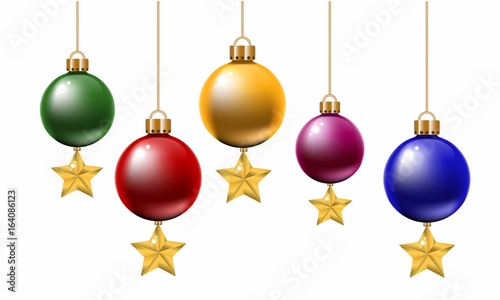 Colorful Christmas balls with the star. Set of isolated realistic decorations. Vector illustration.