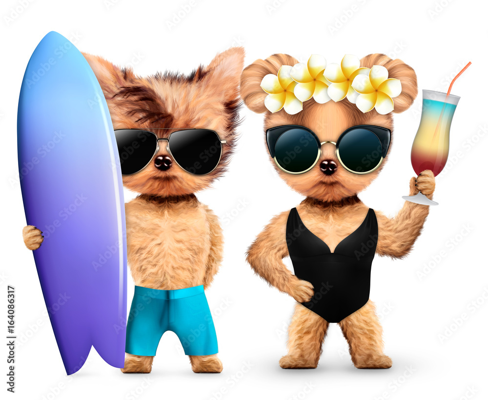 Animals in sunglasses holding surf and cocktail