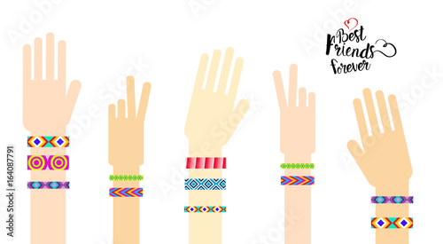 Happy Friends Day Hands With Friendship Bracelets Greeting Card Holiday Banner Flat Vector Illustration