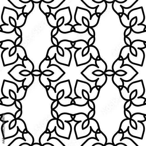 Black and white background. Regular pattern with Moroccan-styled floral elements. Vector seamless repeat. 