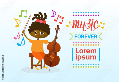 African American Girl Playing Collo Musical Instrument Flat Vector Illustration