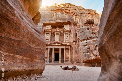 The temple-mausoleum of Al Khazneh in the ancient city of Petra in Jordan