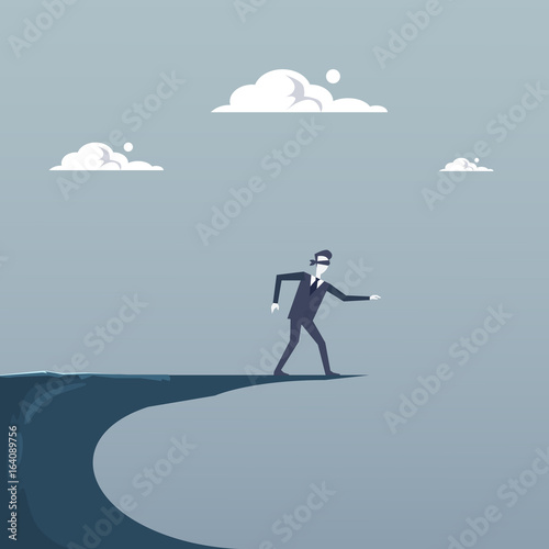 Business Man Blind Walking To Cliff Gap Crisis Risk Concept Flat Vector Illustration
